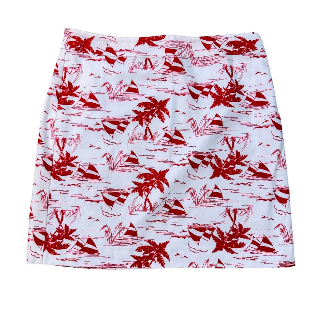 Talbots Red White Tropical Sailboat Palm Tree Mini Skirt Size 10 Cotton Stretch